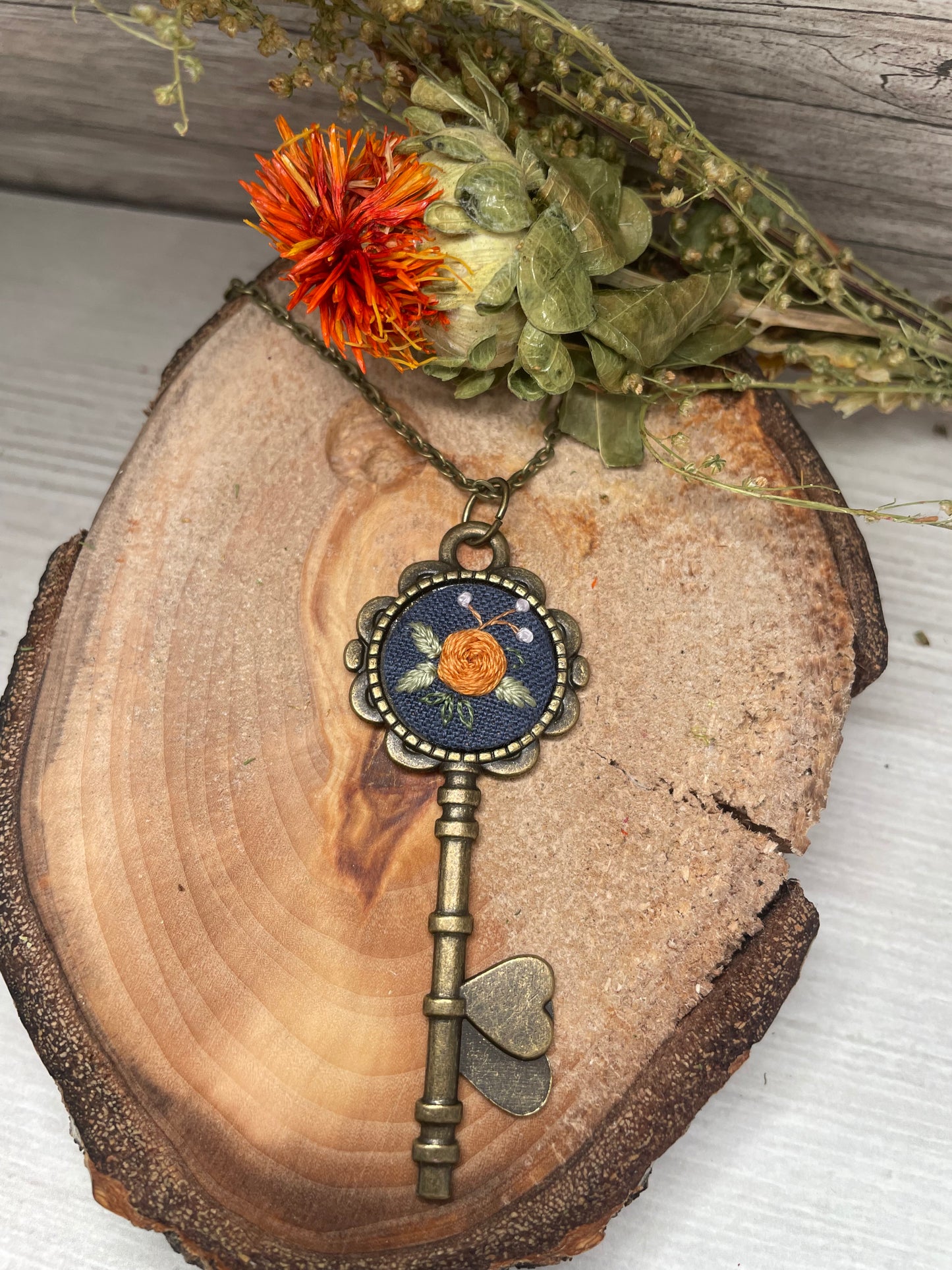 Orange Rose Key Embroidered Necklace
