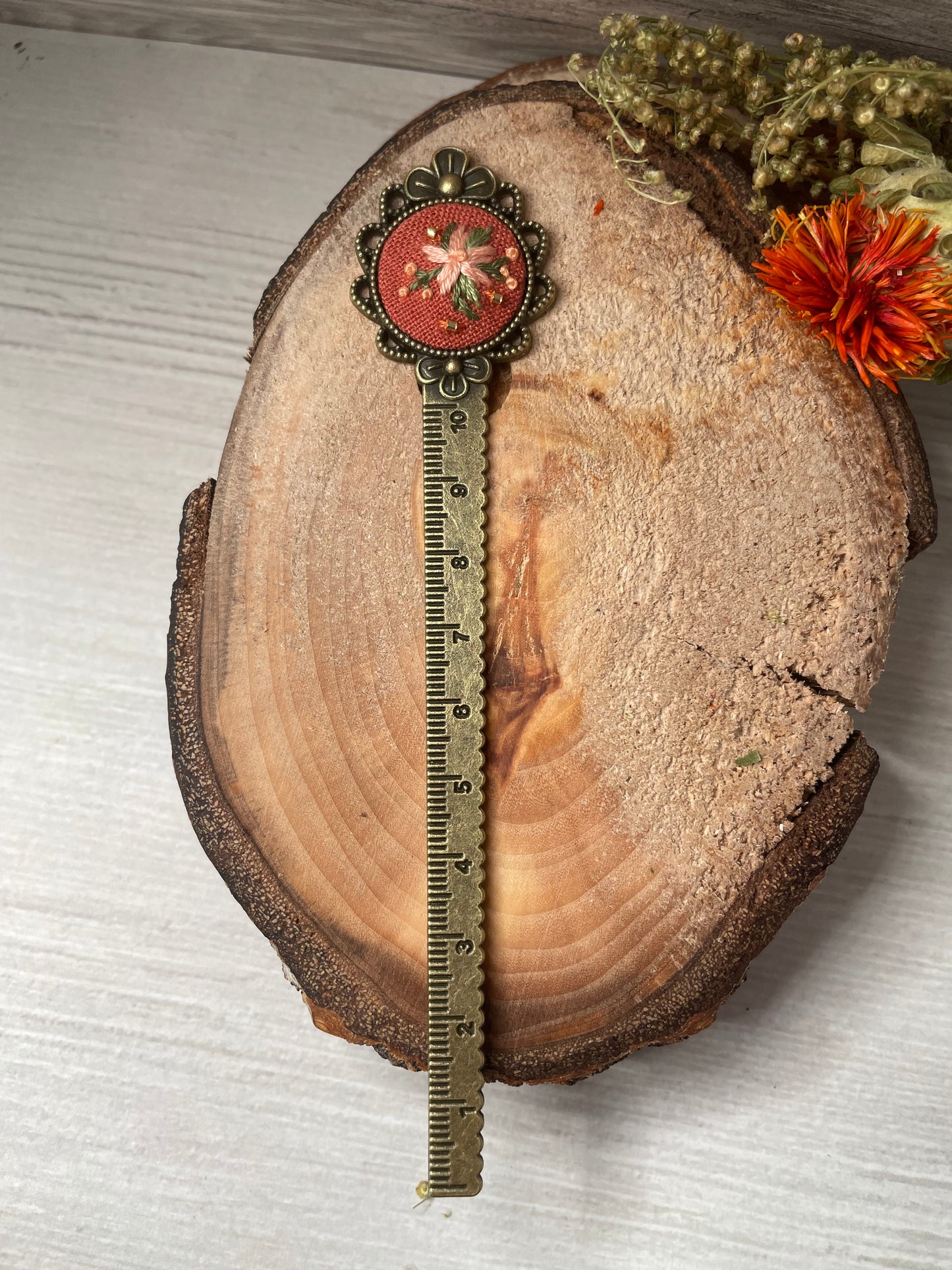 Orange Floral Embroidered Bookmark