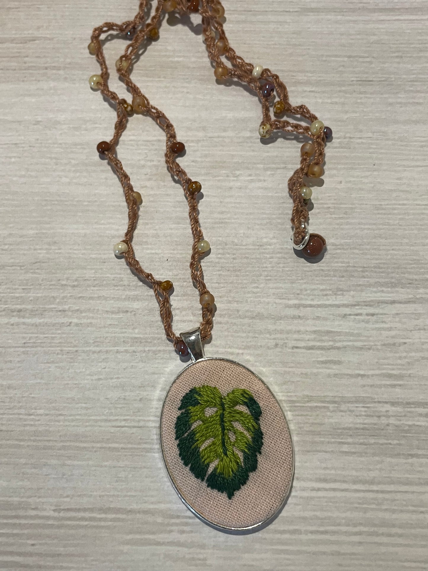 Monstera Leaf Embroidered Necklace
