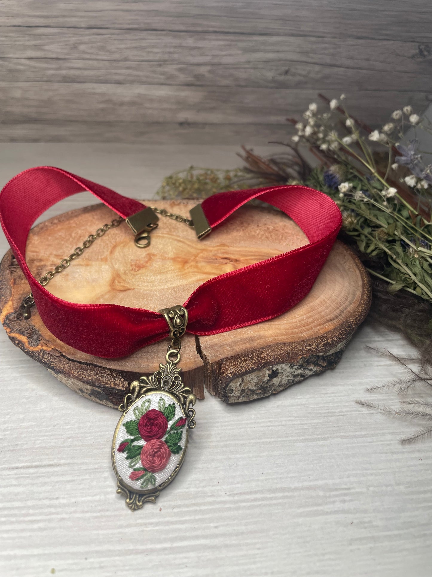 Red Velvet Ribbon Choker with Roses