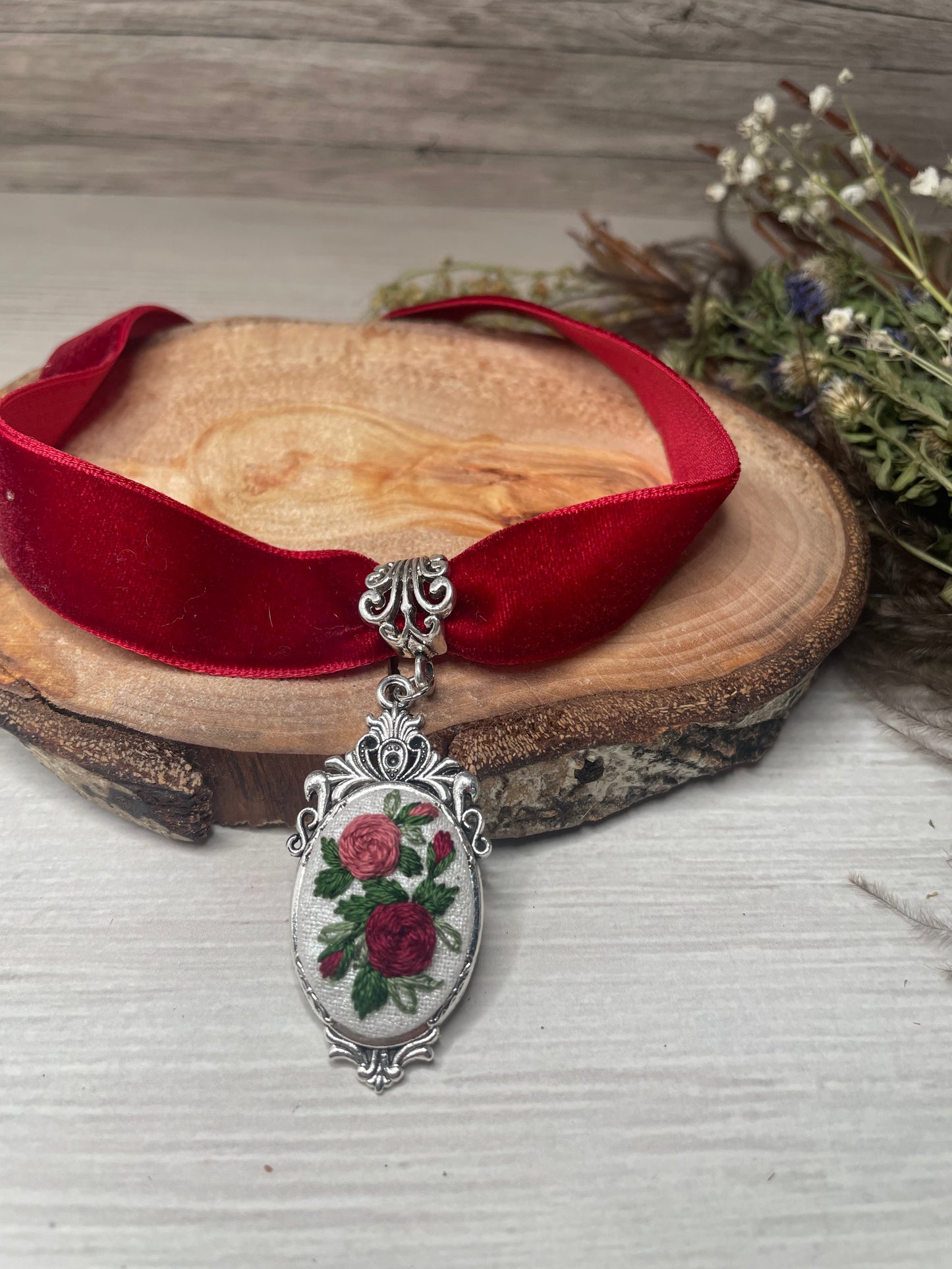 Red Velvet Ribbon Choker with Roses
