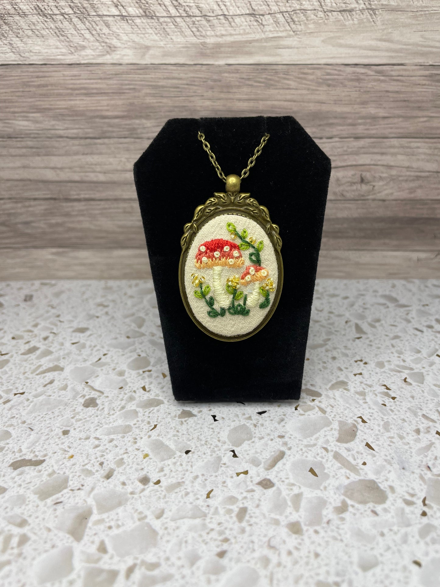 Ombre Mushrooms and Vines Embroidered Necklace