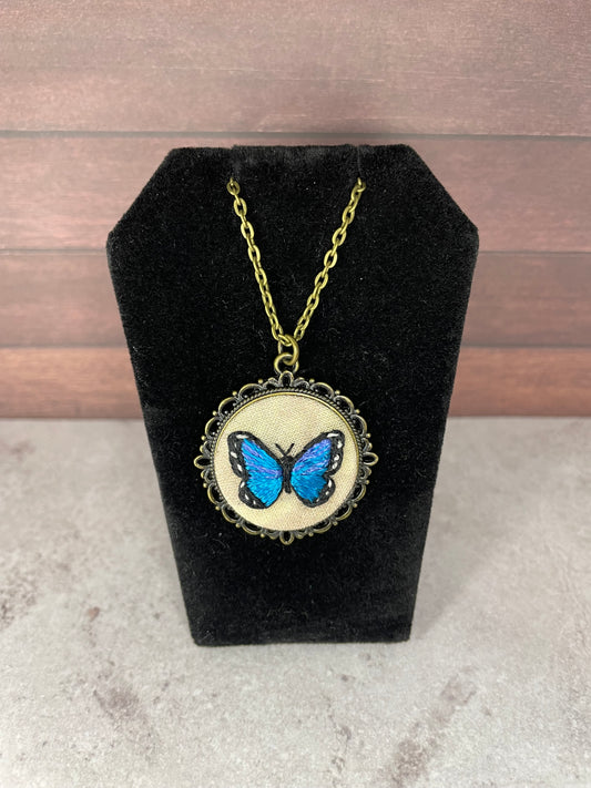 Blue Morpho Butterfly Embroidered Necklace