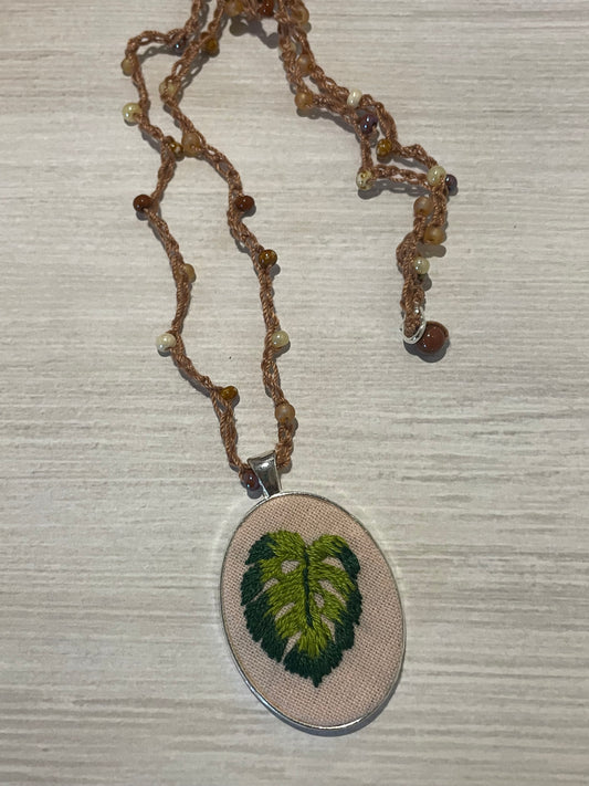 Monstera Leaf Embroidered Necklace