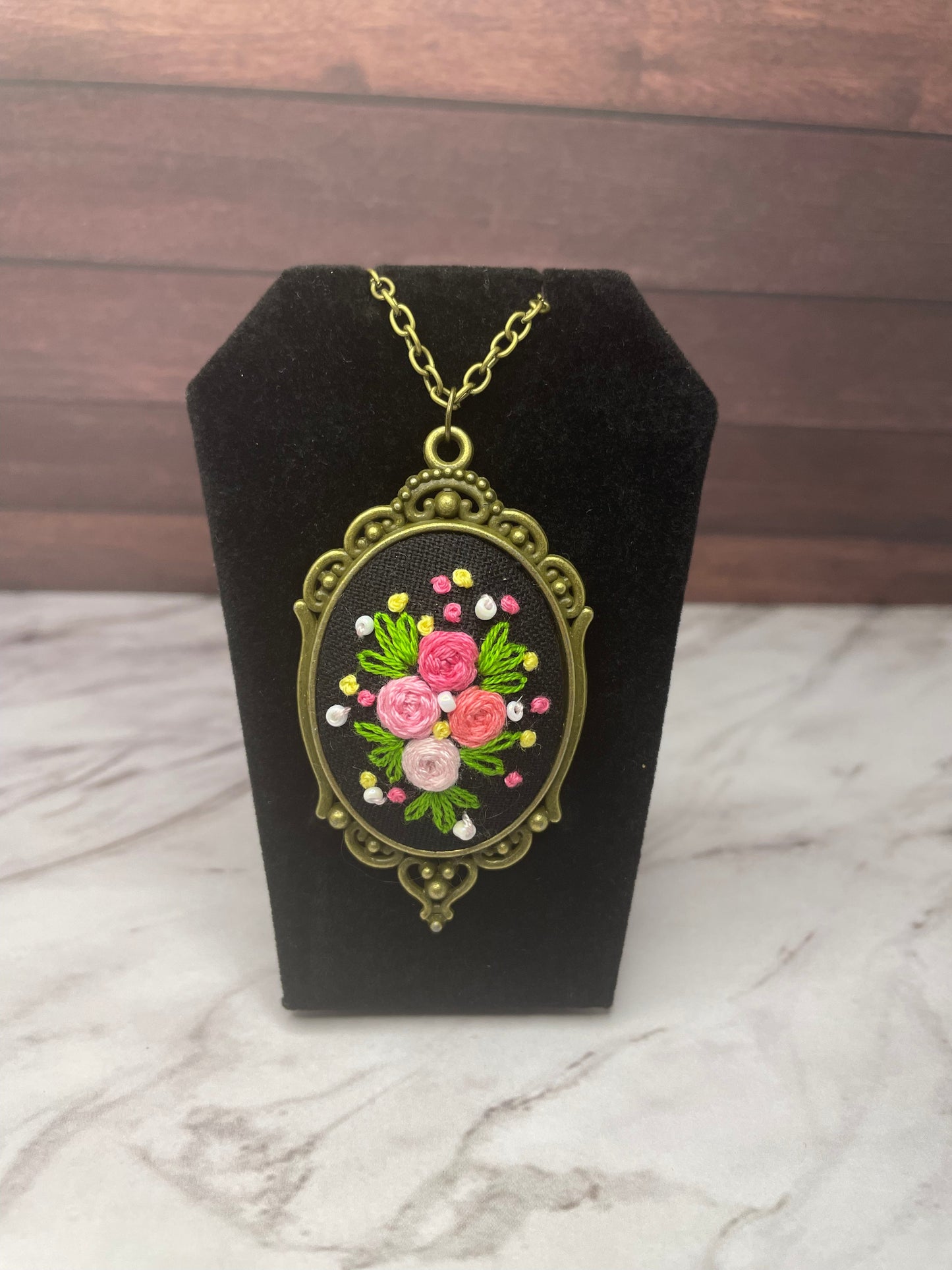 Pink Roses on Black Embroidered Necklace