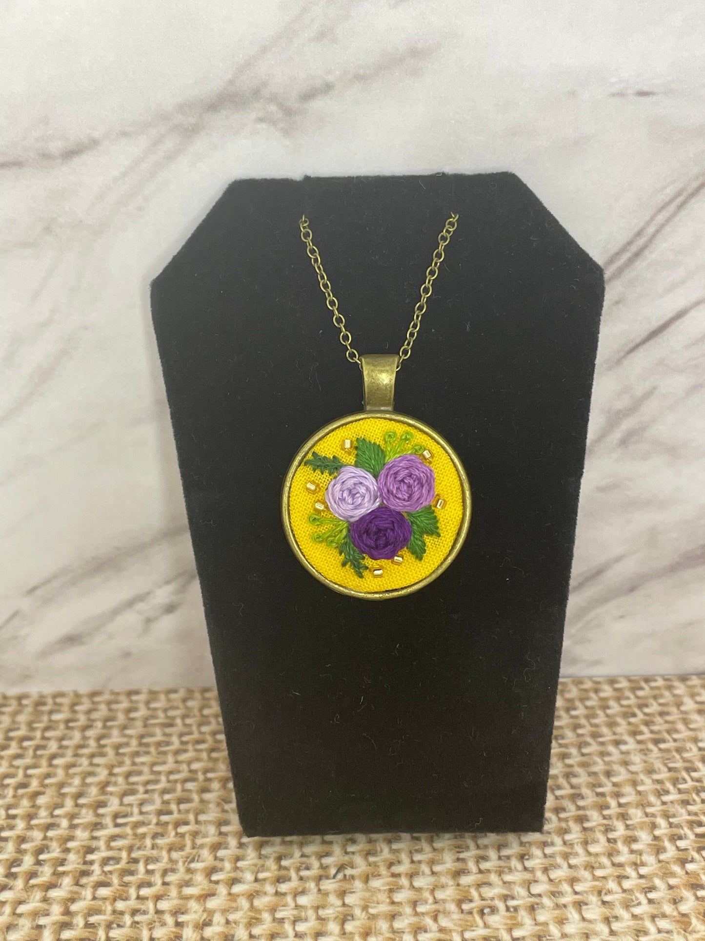 Purple Roses Embroidered Necklace